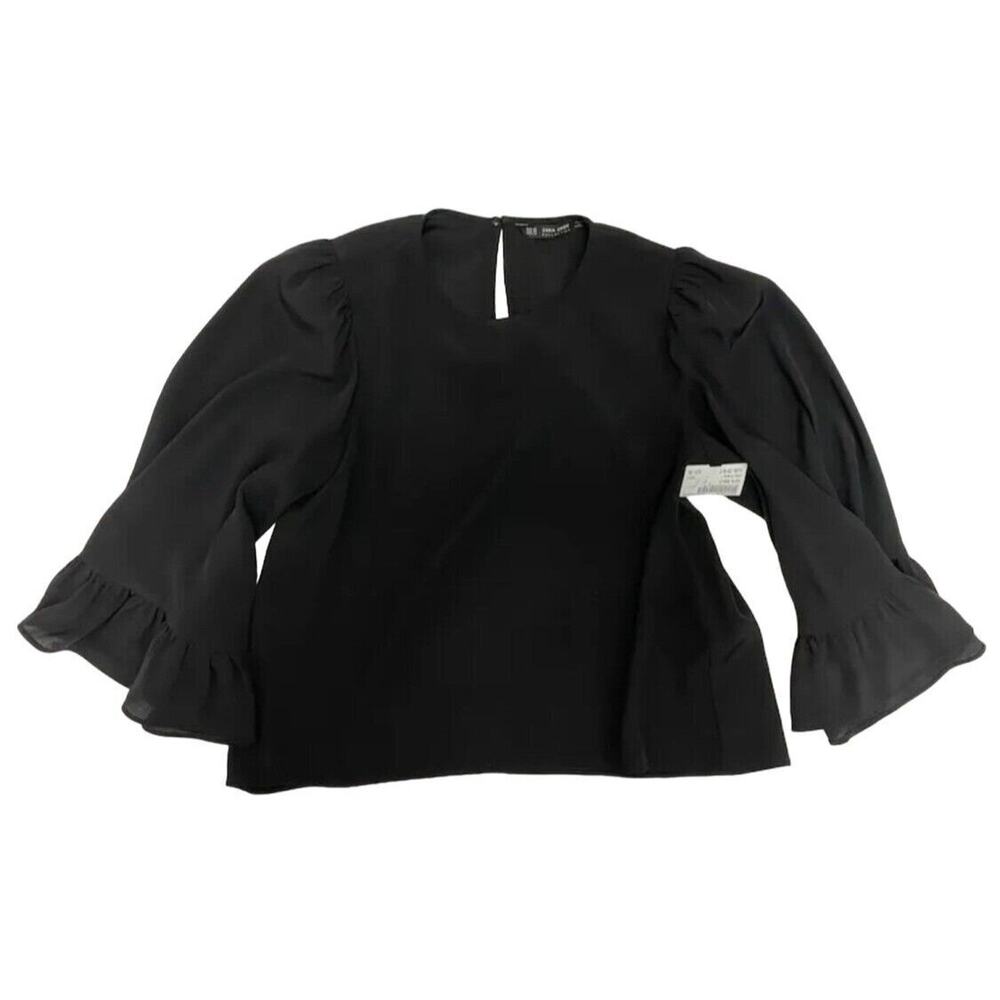 Zara Semi Sheer Ruffle Puff Bell Sleeves Blouse Key Hole Button Back Small Black